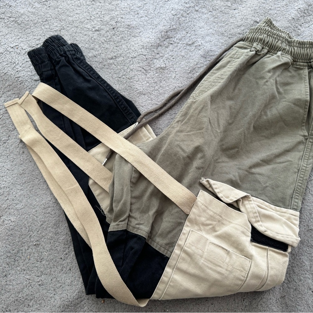 Fashion Nova Black and Tan Cargo Pants with Color Block Design